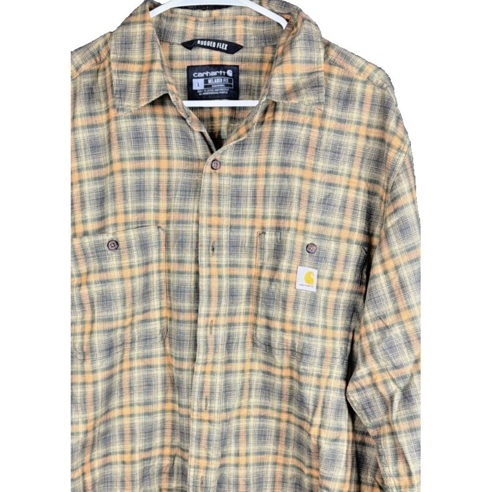 Carhartt Shirt Mens Large L Plaid Button Down Long Sleeve Rugged Flex Green Work